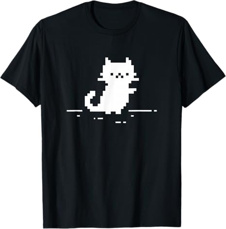 Black t-shirt with a white pixelated cat design on a plain background