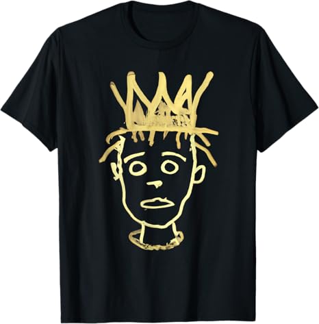 Black t-shirt with a gold graphic of a face wearing a crown on a white background