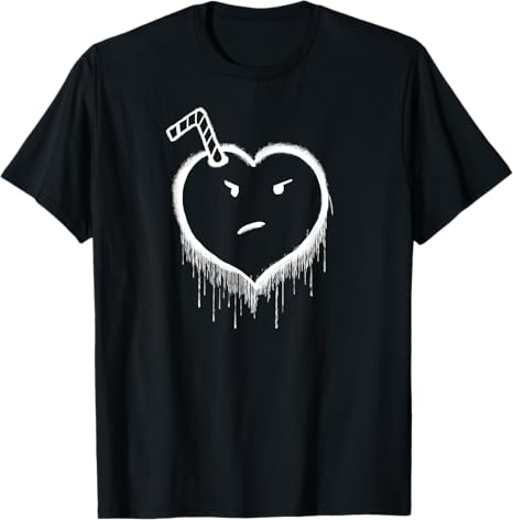 Black t-shirt with a white heart design featuring a straw and angry face on a white background