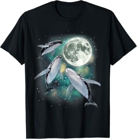Black t-shirt with whale graphic and moon design on a white background