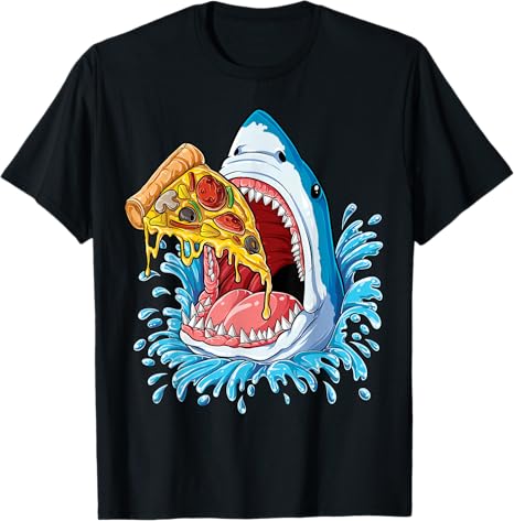 Black t-shirt with a shark eating a pizza graphic on a white background