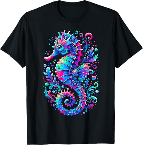 Black t-shirt with a colorful seahorse design on a white background