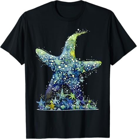 Black t-shirt with a colorful starfish design on a white background