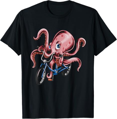 Black t-shirt with a pink octopus riding a blue bike graphic on a white background
