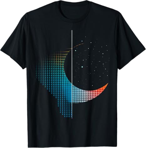 Black t-shirt with a colorful geometric design on a white background