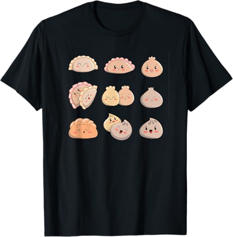 Black t-shirt with cute dumpling illustrations on a white background